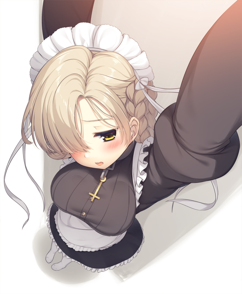 1girl apron arms_up azur_lane bangs black_dress black_skirt blonde_hair blush braid breasts buttons choker commentary cross cross_necklace dress dutch_angle foreshortening french_braid from_above hair_over_one_eye highres jewelry juliet_sleeves large_breasts long_sleeves maid maid_apron maid_headdress necklace olive_(laai) pov puffy_sleeves sheffield_(azur_lane) short_hair skirt solo waist_apron white_legwear yellow_eyes