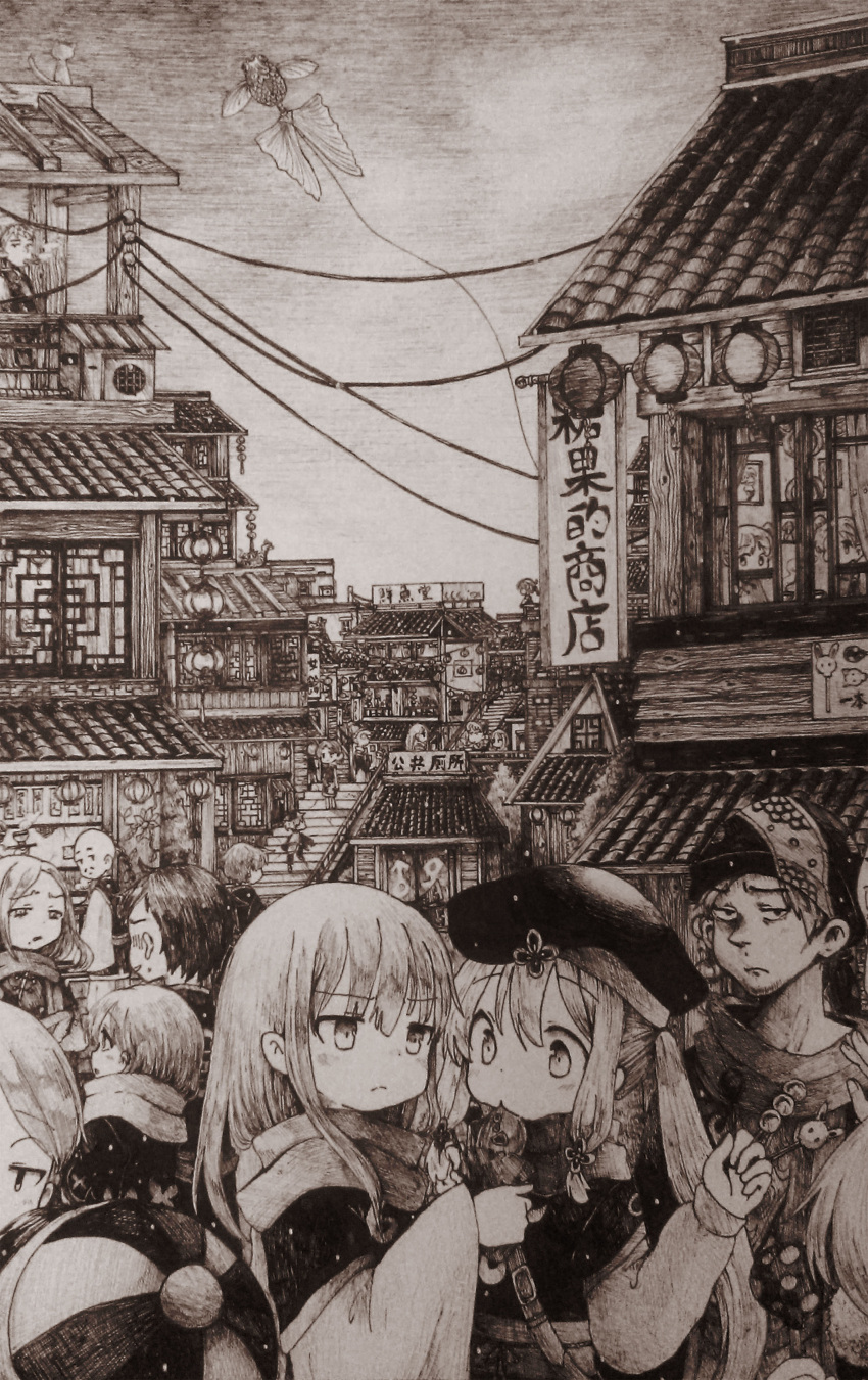 6+boys 6+girls absurdres blush closed_mouth eating eyebrows_visible_through_hair greyscale hat highres long_hair long_sleeves looking_at_another monochrome multiple_boys multiple_girls original outdoors scenery sign translation_request twintails usio_ueda
