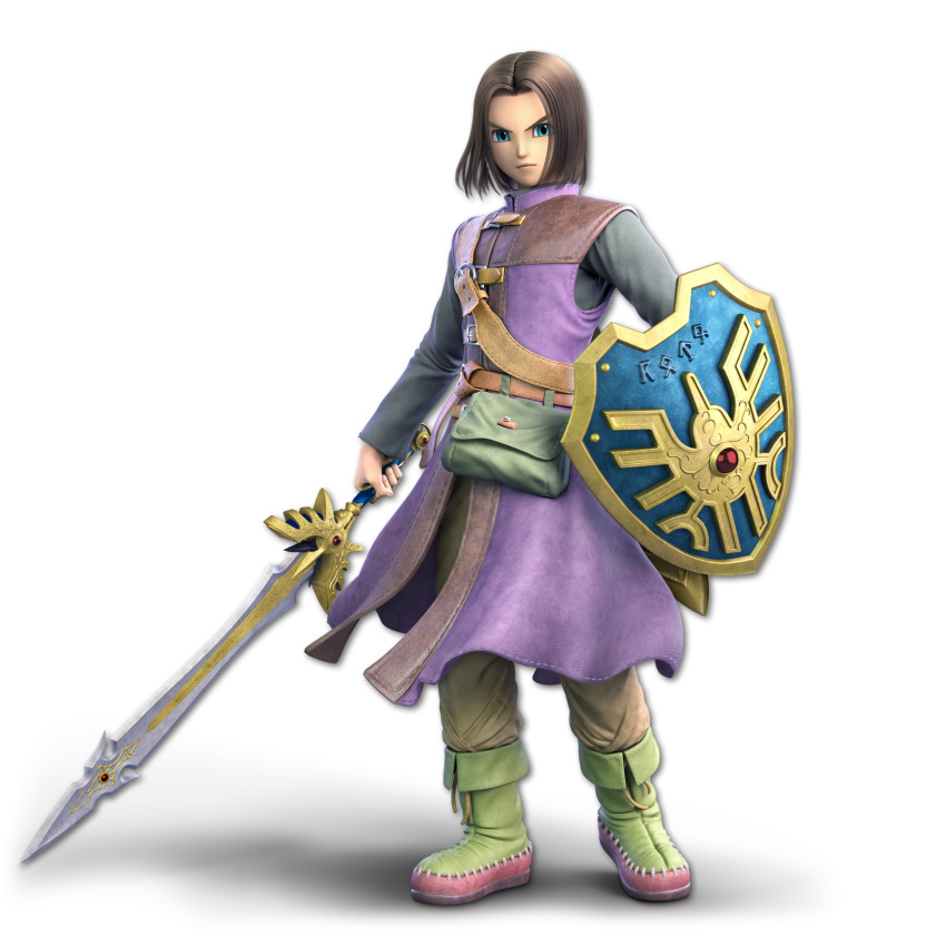 1boy 3d belt blue_eyes brown_hair dragon_quest dragon_quest_xi full_body greyscale hero_(dq11) highres looking_at_viewer luminary male_focus monochrome nintendo official_art shield short_hair solo square_enix super_smash_bros. super_smash_bros._ultimate sword toei_animation weapon