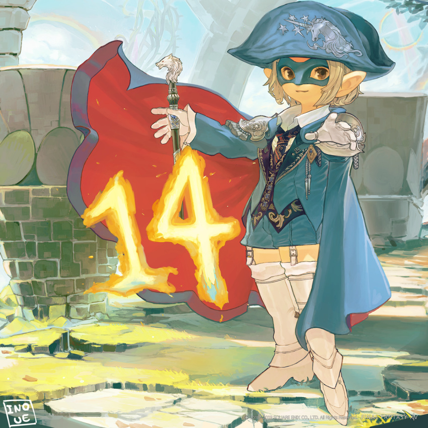 blonde_hair blue_mage boots brown_eyes cane cape coat final_fantasy final_fantasy_xiv gloves hat highres jewelry lalafell mask necktie official_art pauldrons pointy_ears ring smile thigh-highs thigh_boots white_gloves