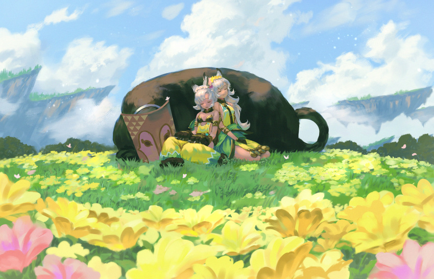 2girls animal_ears bangs bare_shoulders black_gloves blue_sky breasts cliff closed_eyes closed_mouth clouds cloudy_sky commentary_request day dress erune eyebrows_visible_through_hair field floating_island flower flower_field gloves granblue_fantasy hair_flower hair_ornament highres long_hair melleau multiple_girls nemone on_grass outdoors pants parted_lips paw_gloves paws pink_flower silver_hair sitting sky small_breasts strapless very_long_hair wasabi60 white_flower yellow_dress yellow_flower yellow_pants