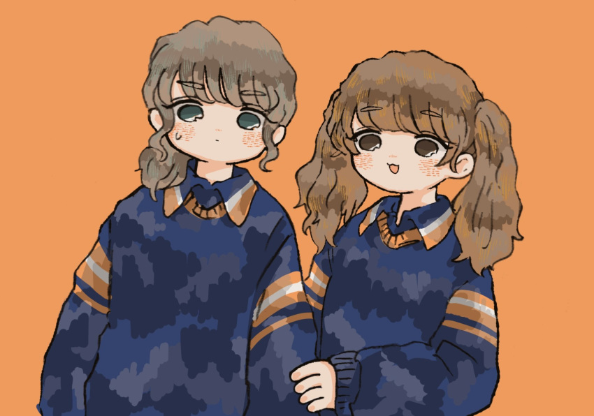 2girls aqua_eyes bangs black_sweater blush brown_eyes brown_hair collared_shirt eyebrows_visible_through_hair highres long_sleeves multiple_girls open_mouth orange_background original ponytail sakura_szm shirt simple_background smile sweatdrop sweater swept_bangs twintails upper_body