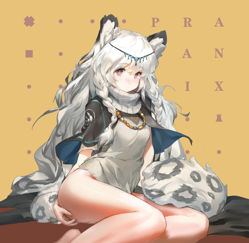 1girl animal_ear_fluff animal_ears arknights bangs barefoot blush braid caoyao character_name circlet grey_eyes grey_shirt hair_between_eyes highres jewelry leopard_ears leopard_tail long_hair looking_at_viewer necklace pramanix_(arknights) shirt side_braids silver_hair simple_background sitting solo tail turtleneck very_long_hair white_hair