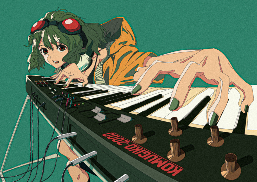 1girl absurdres black_legwear feet_out_of_frame goggles goggles_on_head green_background green_hair green_nails gumi headphones headphones_around_neck highres hood hooded_jacket instrument jacket keyboard_(instrument) komugiko_2000 looking_at_viewer open_mouth red_eyes short_hair simple_background socks solo vocaloid wire yellow_jacket