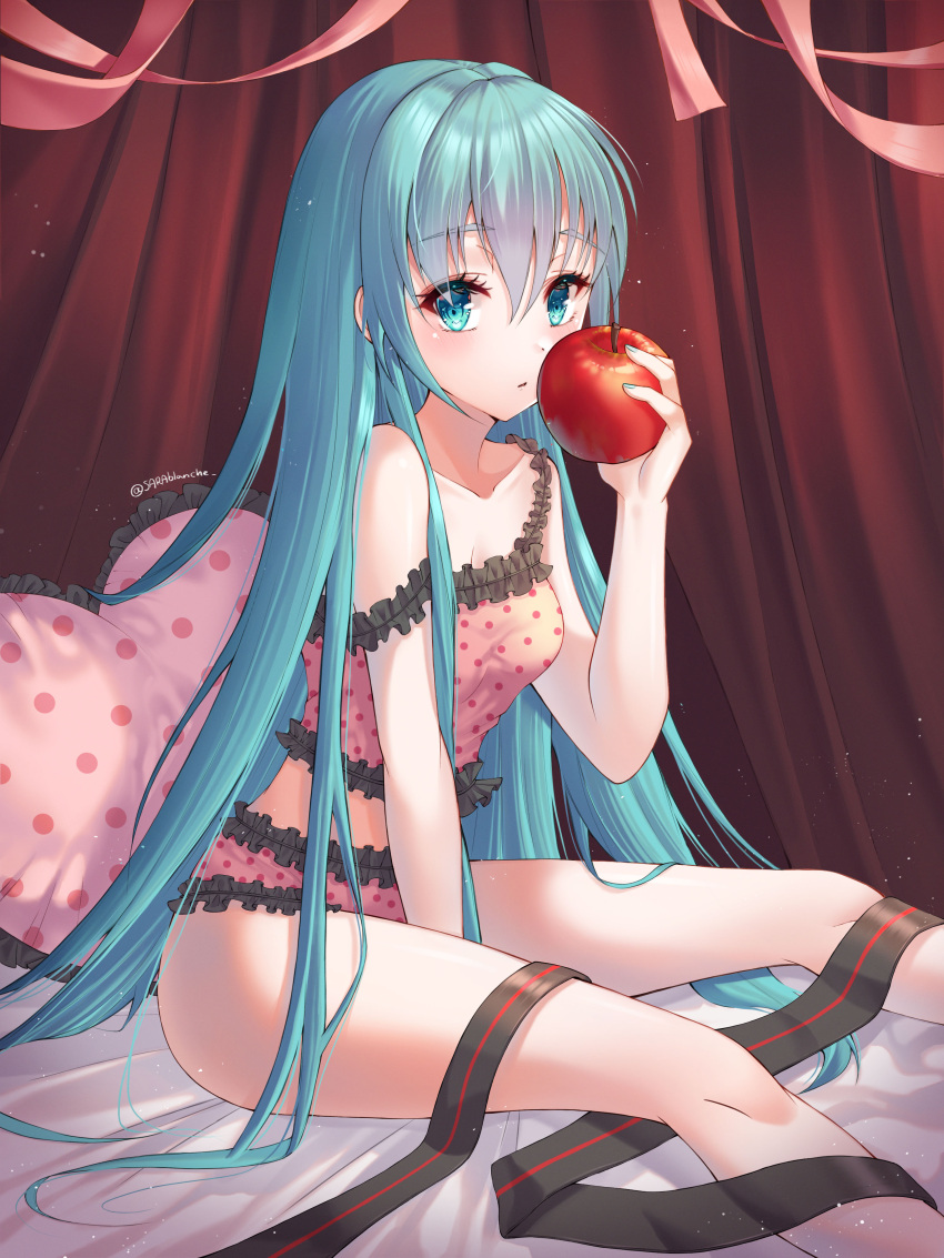 1girl absurdres apple aqua_eyes aqua_hair camisole curtains eyebrows_visible_through_hair eyelashes food frilled_panties frills from_side fruit hair_between_eyes hair_down hatsune_miku highres indoors long_hair looking_at_viewer midriff nail_polish panties pink_camisole pink_panties polka_dot polka_dot_camisole polka_dot_panties romeo_to_cinderella_(vocaloid) sarablanche sitting solo strap_slip twitter_username underwear very_long_hair vocaloid