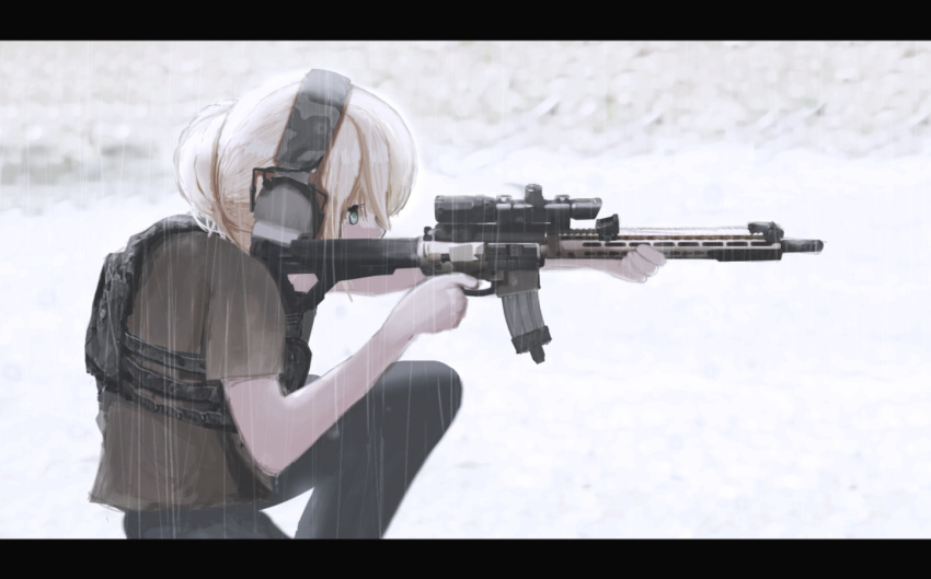 1girl aiming ar-15 blonde_hair commentary gun hair_bun headset holding holding_gun holding_weapon letterboxed load_bearing_vest one_knee original outdoors rain rifle solo weapon ylmi