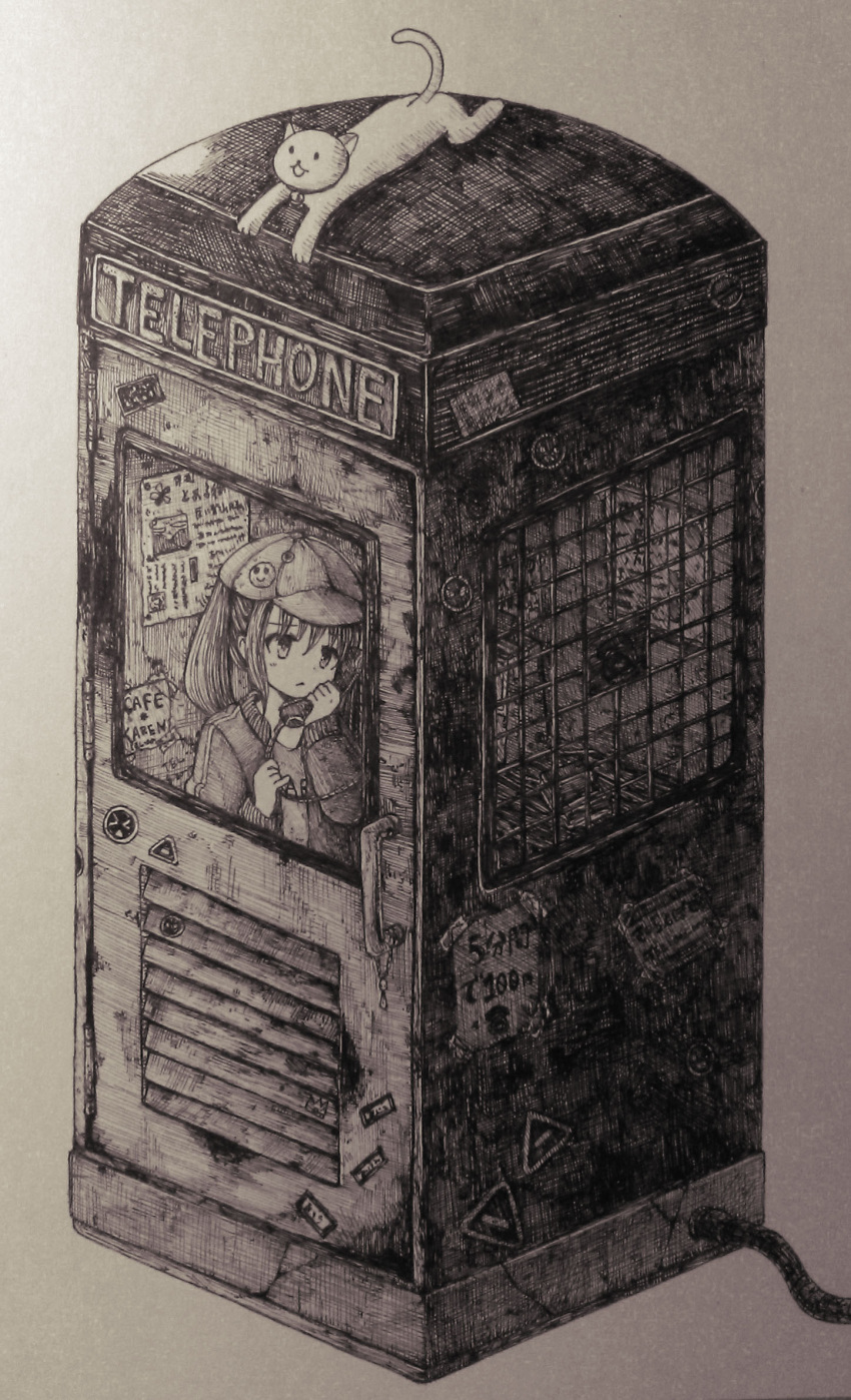 1girl blush cat greyscale handle hat highres holding holding_phone long_sleeves looking_away medium_hair monochrome original parted_lips phone phone_booth solo standing usio_ueda vent_(object)