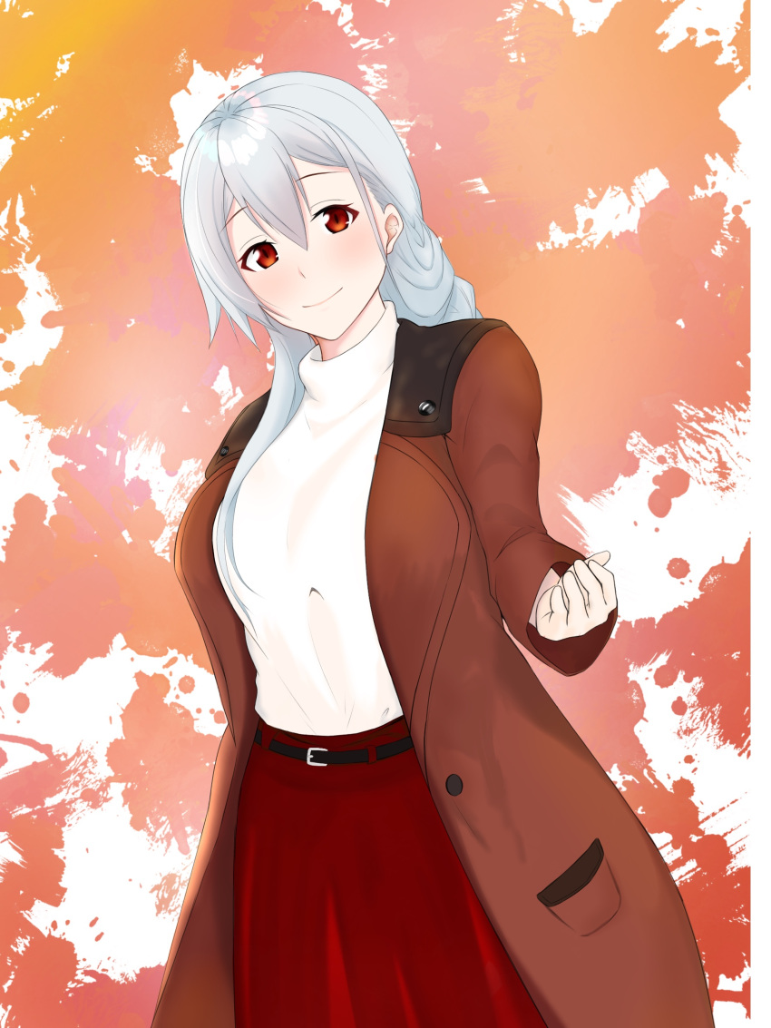 1girl belt black_belt blush brown_coat casual coat commentary_request fate/grand_order fate_(series) head_tilt highres long_hair looking_at_viewer red_eyes red_skirt shirasu_yuno silver_hair skirt smile solo sweater tomoe_gozen_(fate/grand_order) turtleneck turtleneck_sweater white_sweater