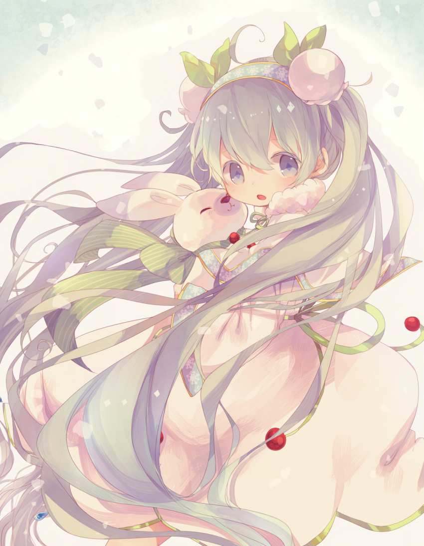 1girl :3 animal aqua_eyes aqua_hair bubble_skirt capelet cherry coco_(hinatacoco) commentary cowboy_shot dress expressionless flower food fruit fur-trimmed_capelet fur_trim hair_flower hair_ornament hatsune_miku highres holding holding_animal light_blush long_hair looking_at_viewer neck_ribbon parted_lips rabbit ribbon skirt snow snowbell_(flower) snowflake_print striped striped_ribbon symbol_commentary twintails very_long_hair vocaloid white_dress yuki_miku_(2015) yukine_(vocaloid)