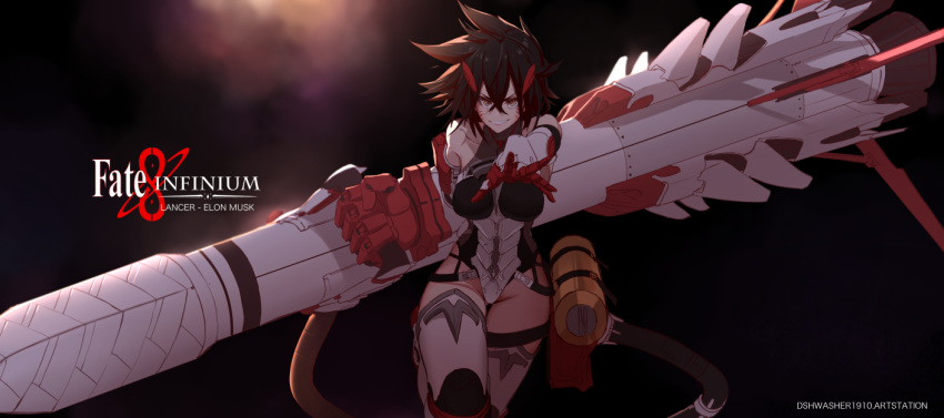 1girl black_hair breasts commentary dishwasher1910 elon_musk english_commentary fate/grand_order fate_(series) gauntlets genderswap genderswap_(mtf) gloves grin hair_between_eyes original rocket_launcher smile spiky_hair tagme weapon yellow_eyes