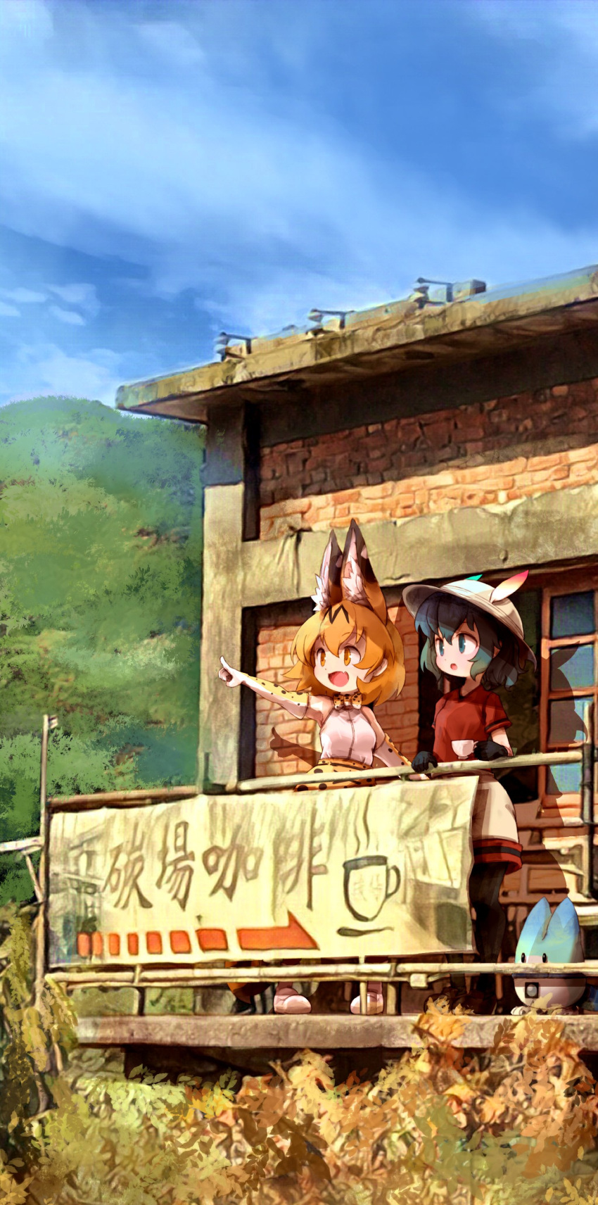 2girls absurdres animal_ears black_gloves black_hair blue_eyes blush brown_eyes cup day elbow_gloves gloves helmet highres holding holding_cup kaban_(kemono_friends) kemono_friends kolshica looking_at_another looking_away multiple_girls open_mouth orange_hair outdoors parted_lips pith_helmet serval_(kemono_friends) serval_ears short_hair smile teacup