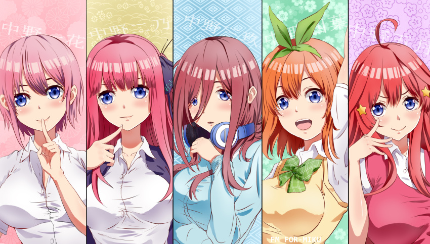 5girls :d absurdres ahoge arm_up artist_name bangs black_jacket black_ribbon blue_eyes blue_jacket blush bow bowtie breasts brown_hair cardigan column_lineup finger_to_chin finger_to_mouth floral_background for-miku go-toubun_no_hanayome green_background green_bow green_neckwear green_ribbon hair_between_eyes hair_ornament hair_ribbon hand_up headphones headphones_around_neck highres index_finger_raised jacket long_sleeves looking_at_viewer medium_breasts multiple_girls nakano_ichika nakano_itsuki nakano_miku nakano_nino nakano_yotsuba open_mouth parted_lips pink_background pink_hair pink_vest plaid_neckwear purple_background redhead ribbon shirt short_hair short_sleeves sidelocks smile star star_hair_ornament sweater_vest translated upper_body vest white_shirt yellow_background yellow_vest