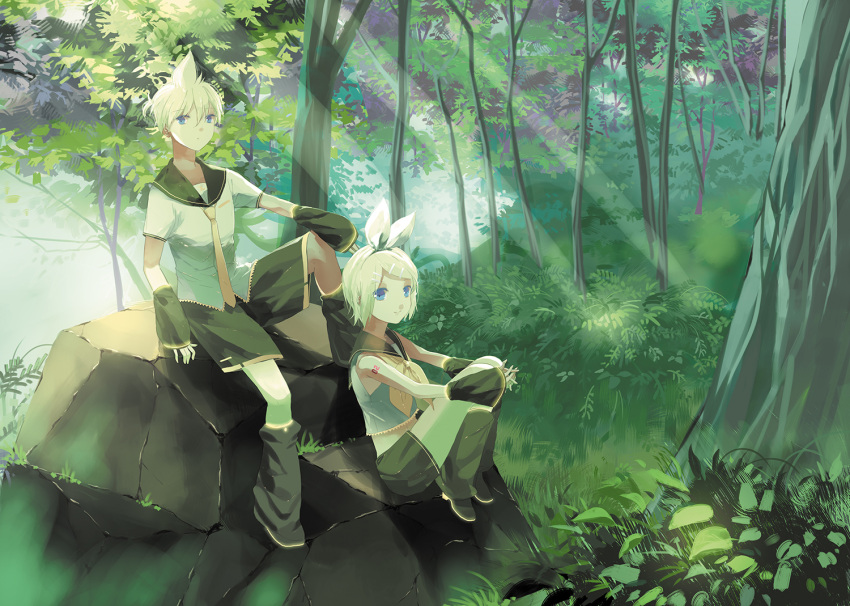 1boy 1girl bangs blonde_hair blue_eyes bow brother_and_sister bush commentary crop_top detached_sleeves expressionless forest hair_bow hair_ornament hairclip hand_on_own_knee interlocked_fingers kagamine_len kagamine_rin knee_up knees_up leaf leg_warmers looking_at_viewer nature neckerchief necktie outdoors plant rock sailor_collar school_uniform shirt short_hair short_sleeves shorts shoulder_tattoo siblings sitting smile sunlight tattoo tree twins vocaloid white_bow white_shirt wide_shot xinta yellow_neckwear