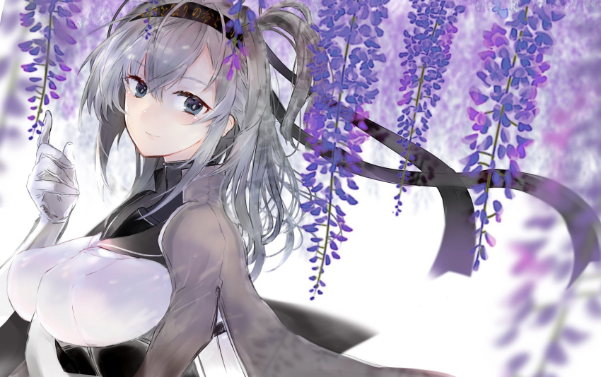 1girl bangs black_headband blue_eyes blush bodysuit breasts clothes_writing corset eyebrows_visible_through_hair eyelashes flower grey_jacket hachimaki hair_between_eyes headband highres jacket kantai_collection okayu_(papiko1111) one_side_up purple_flower sailor_collar silver_hair smile solo suzutsuki_(kantai_collection) upper_body white_bodysuit white_neckwear