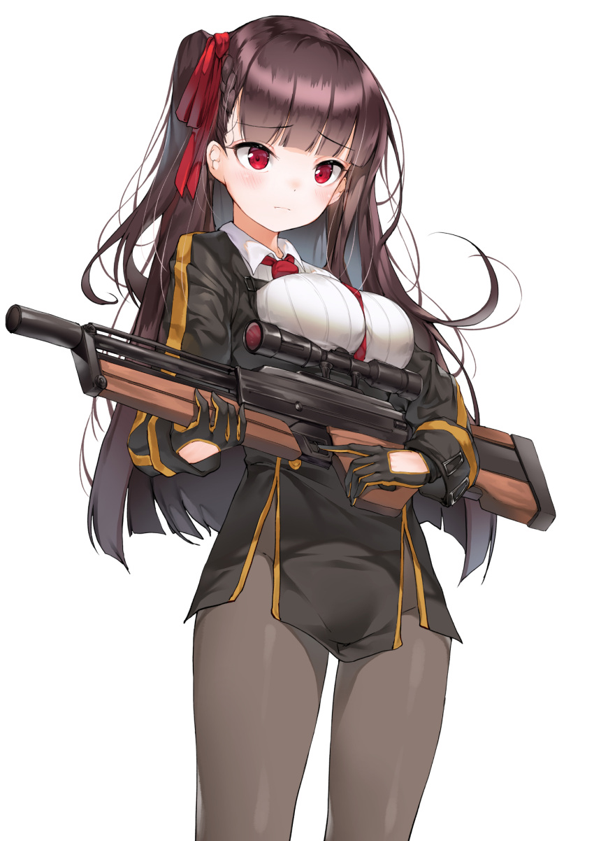 1girl bangs bipod black_legwear black_skirt blazer blush breasts bullpup eyebrows_visible_through_hair framed_breasts girls_frontline gloves gun hair_ribbon half_updo high-waist_skirt highres holding holding_gun holding_weapon jacket large_breasts lee_seok_ho long_hair looking_at_viewer necktie one_side_up pantyhose pelvic_curtain purple_hair red_eyes red_neckwear ribbon rifle shirt simple_background skirt sniper_rifle solo striped striped_shirt trigger_discipline very_long_hair wa2000_(girls_frontline) walther walther_wa_2000 weapon white_shirt