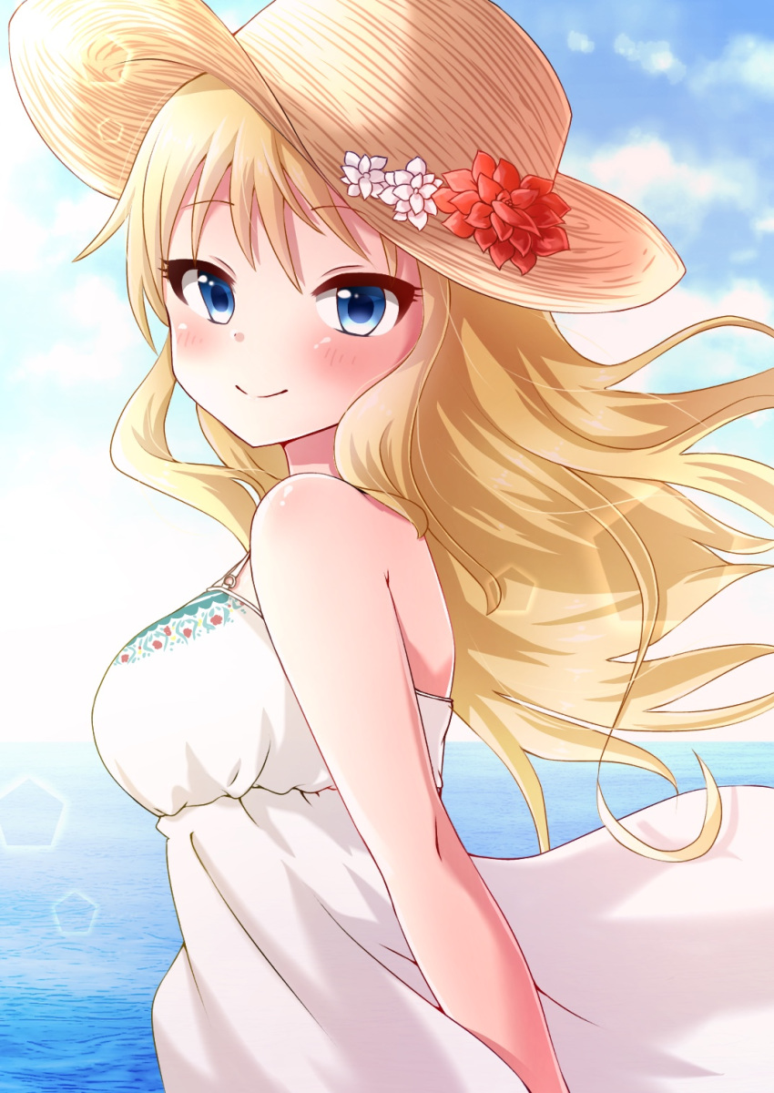 1girl bangs bare_shoulders blue_eyes blush breasts commentary_request day dress eyebrows_visible_through_hair flower from_side hair_between_eyes hat highres idolmaster idolmaster_cinderella_girls idolmaster_cinderella_girls_starlight_stage looking_at_viewer medium_breasts ootsuki_yui outdoors red_flower roshiraso smile solo sun_hat water white_dress white_flower