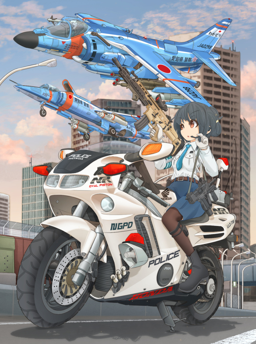 1girl 2others aiguillette aircraft airplane ankle_boots armband belt black_belt black_footwear black_hair black_legwear blue_neckwear blue_skirt blue_sky boots brown_eyes building clouds cloudy_sky commentary_request day dress_shirt english_text eyebrows_visible_through_hair fighter_jet gloves ground_vehicle gun headset highres honda honda_nr750 jet leg_strap logo looking_at_another medium_skirt mikeran_(mikelan) military military_vehicle motor_vehicle motorcycle multiple_others necktie original outdoors pantyhose partial_commentary pilot police riding roundel scope shadow shirt short_hair sitting skirt sky submachine_gun translated trigger_discipline weapon weapon_request white_gloves white_shirt wing_collar yak-38