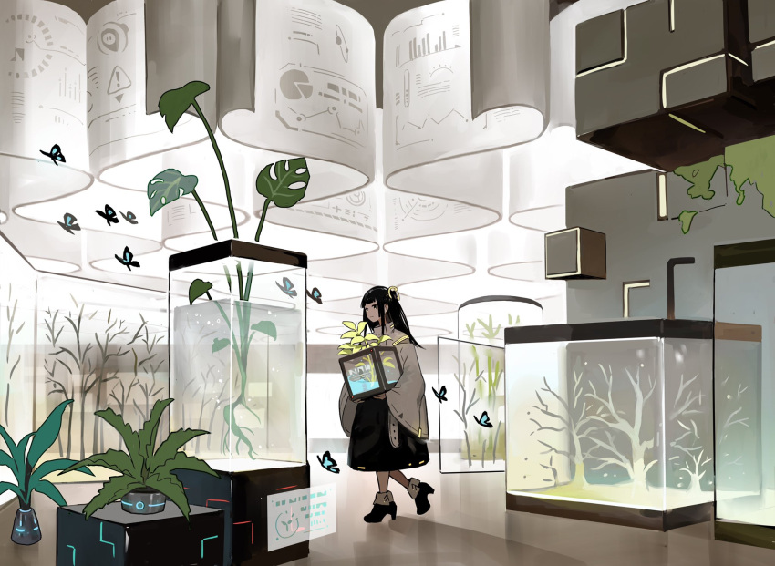 1girl amainezumi belt black_hair boots brown_eyes bug butterfly closed_mouth expressionless high_heel_boots high_heels highres indoors insect long_hair looking_away original plant potted_plant solo standing