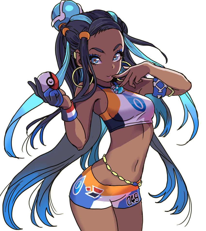 1girl armlet bare_shoulders black_hair blue_eyes blue_hair breasts closed_mouth commentary_request dark_skin earrings eyeshadow fingernails gloves gradient gradient_hair gym_leader hands_up highres holding holding_poke_ball jewelry lips long_hair looking_at_viewer makeup medium_breasts midriff multicolored_hair navel poke_ball pokemon pokemon_(game) pokemon_swsh rurina_(pokemon) shorts single_glove sleeveless smile solo sports_bikini stomach swimsuit yamashita_shun'ya