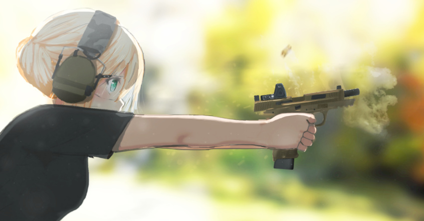 1girl blonde_hair blurry blurry_background ear_protection firing green_eyes gun handgun motion_blur original pistol shooting_glasses solo weapon ylmi