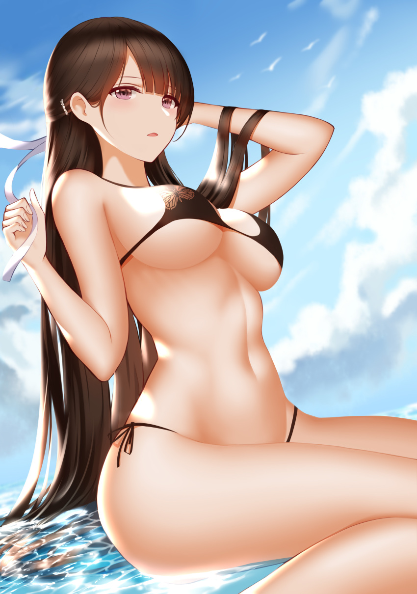 1girl absurdres arm_up bare_arms bare_shoulders bikini black_bikini blue_sky breasts brown_hair clouds day hair_ornament hairclip half_updo hand_up higandgk highres large_breasts long_hair looking_at_viewer navel original outdoors parted_lips pink_eyes side-tie_bikini sitting sky solo stomach swimsuit thighs very_long_hair water