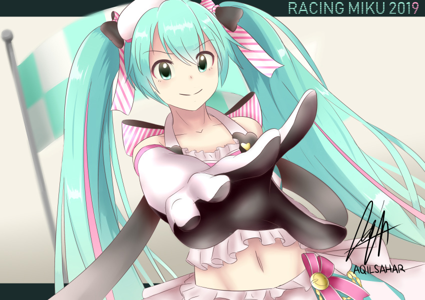 1girl 2019 absurdres aqil_sahar aqua_eyes aqua_hair bangs bow breasts closed_mouth crypton_future_media elbow_gloves eyes_visible_through_hair flag flag_background foreshortening frills gloves goodsmile_racing hair_bow hair_ornament hair_ribbon hat hatsune_miku highres index_finger_raised layered_skirt long_hair looking_at_viewer medium_breasts midriff multicolored_hair navel outstretched_arm outstretched_hand pale_skin perspective pleated_skirt racequeen racing_miku racing_miku_(2019) ribbon shiny shiny_hair skirt sleeveless smile solo twintails very_long_hair vocaloid