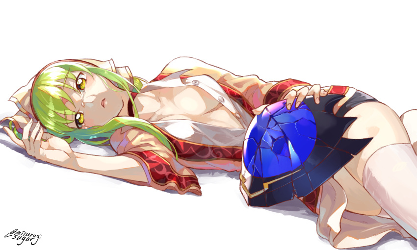 1girl absurdres breasts breasts_apart broken_helmet c.c. choker code_geass commentary_request crying green_hair hair_ribbon helmet highres looking_at_viewer lying medium_breasts mithurugi-sugar no_bra on_back open_clothes open_shirt red_choker ribbon simple_background solo tears thigh-highs twitter_username white_background white_legwear yellow_eyes zero_(code_geass)