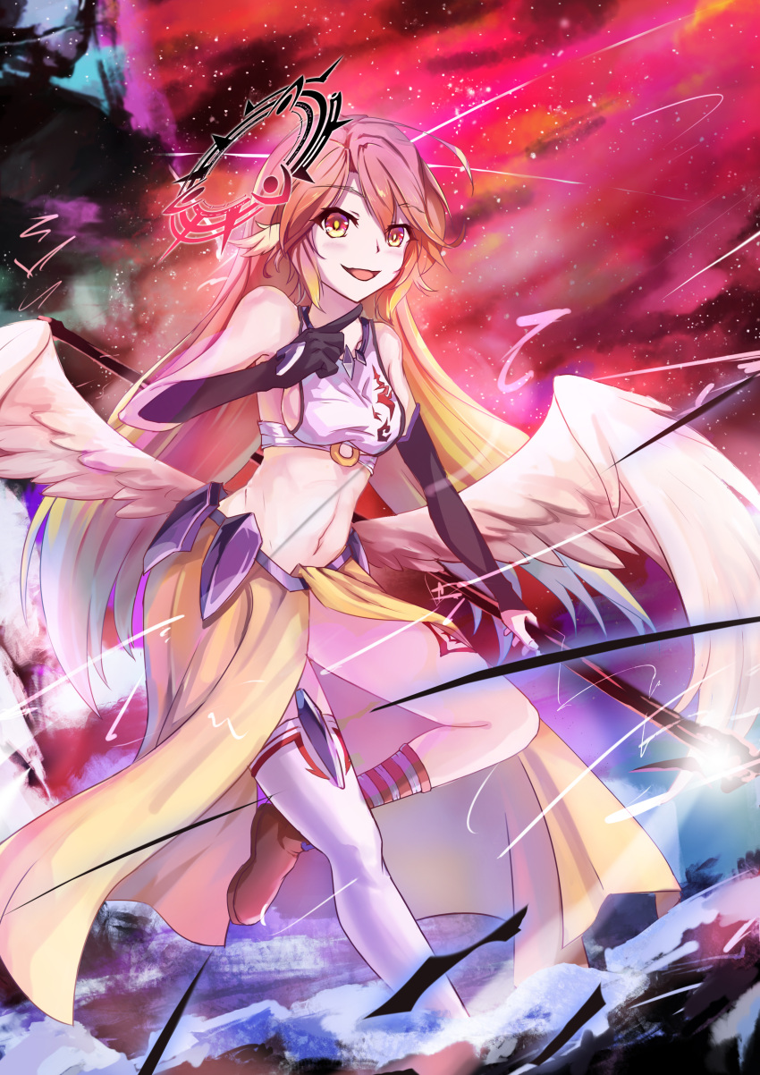 1girl absurdres angel_wings breasts bridal_gauntlets commentary_request crop_top feathered_wings gloves gradient_eyes gradient_hair halo happy highres holding holding_scythe holding_weapon jibril_(no_game_no_life) long_hair low_wings magic_circle medium_breasts midriff mismatched_legwear multicolored multicolored_eyes multicolored_hair natsuki_natsuki navel no_game_no_life open_mouth pink_hair red_eyes scythe sideboob smile solo tattoo very_long_hair weapon white_wings wing_ears wings yellow_eyes