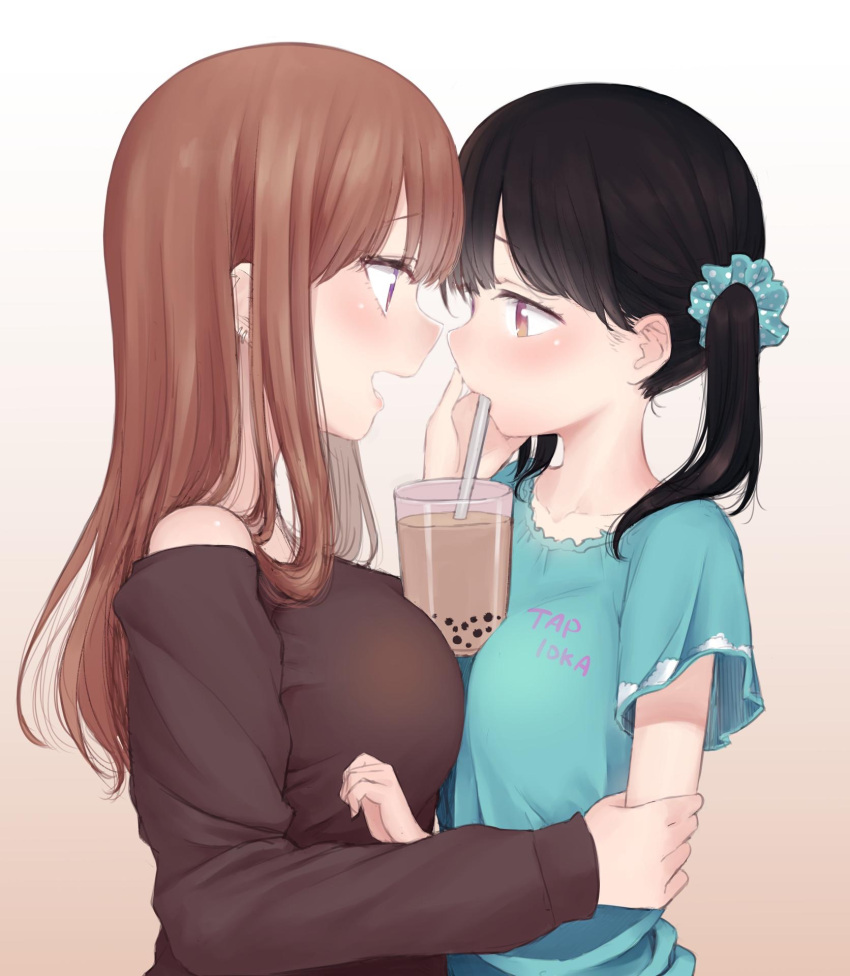 age_difference arm_grab bare_shoulders between_breasts black_hair blush breast_press breasts brown_eyes brown_hair bubble_tea bubble_tea_challenge commentary_request drink drinking drinking_straw face-to-face from_side hair_ornament hair_scrunchie half-closed_eyes hand_on_another's_face highres large_breasts loli long_hair long_sleeves looking_at_another mashimaru_(muzikluva) open_mouth original scrunchie short_sleeves small_breasts symmetrical_docking twintails upper_body yuri
