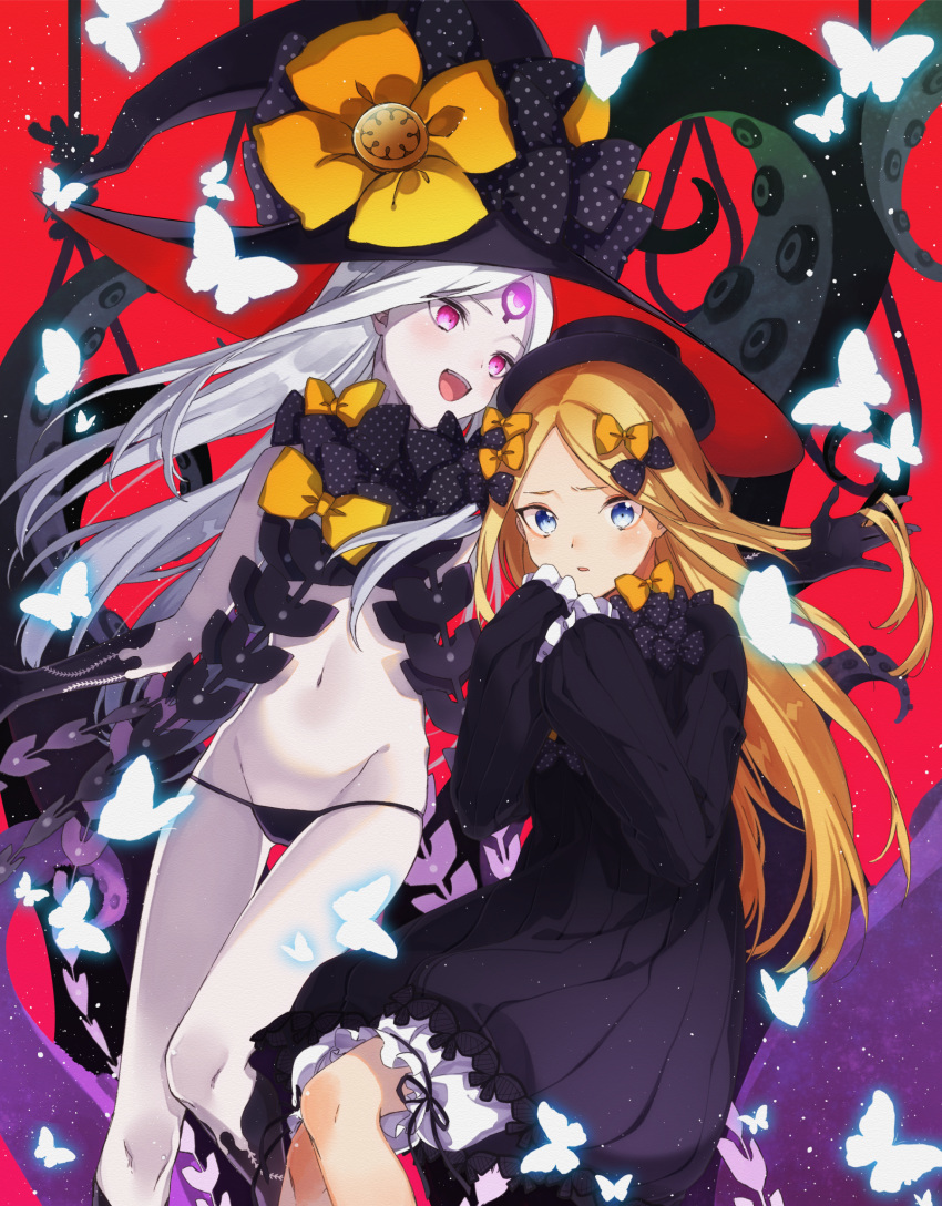 2girls abigail_williams_(fate/grand_order) bangs bare_shoulders black_bow black_dress black_headwear black_panties blonde_hair blush bow bug butterfly dress dual_persona fate/grand_order fate_(series) forehead glowing glowing_eye hair_bow hat highres insect keyhole long_hair looking_at_viewer multiple_girls navel noose open_mouth orange_bow panties parted_bangs pink_eyes polka_dot polka_dot_bow red_background red_eyes ribbed_dress shimi_to_ufu sleeves_past_fingers sleeves_past_wrists smile tentacles thighs third_eye underwear very_long_hair white_bloomers white_hair white_skin witch_hat