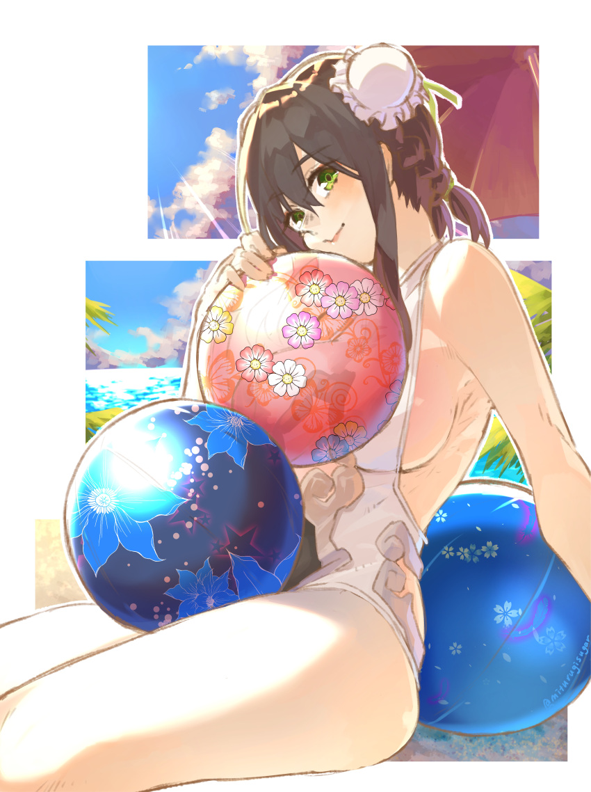 1girl absurdres ball beachball black_hair blue_sky blush border breasts bun_cover clouds double_bun fate/grand_order fate_(series) green_eyes highres large_breasts looking_at_viewer mithurugi-sugar ocean one-piece_swimsuit palm_tree qin_liangyu_(fate) short_hair sideboob sky smile solo swimsuit tree twitter_username white_border white_swimsuit