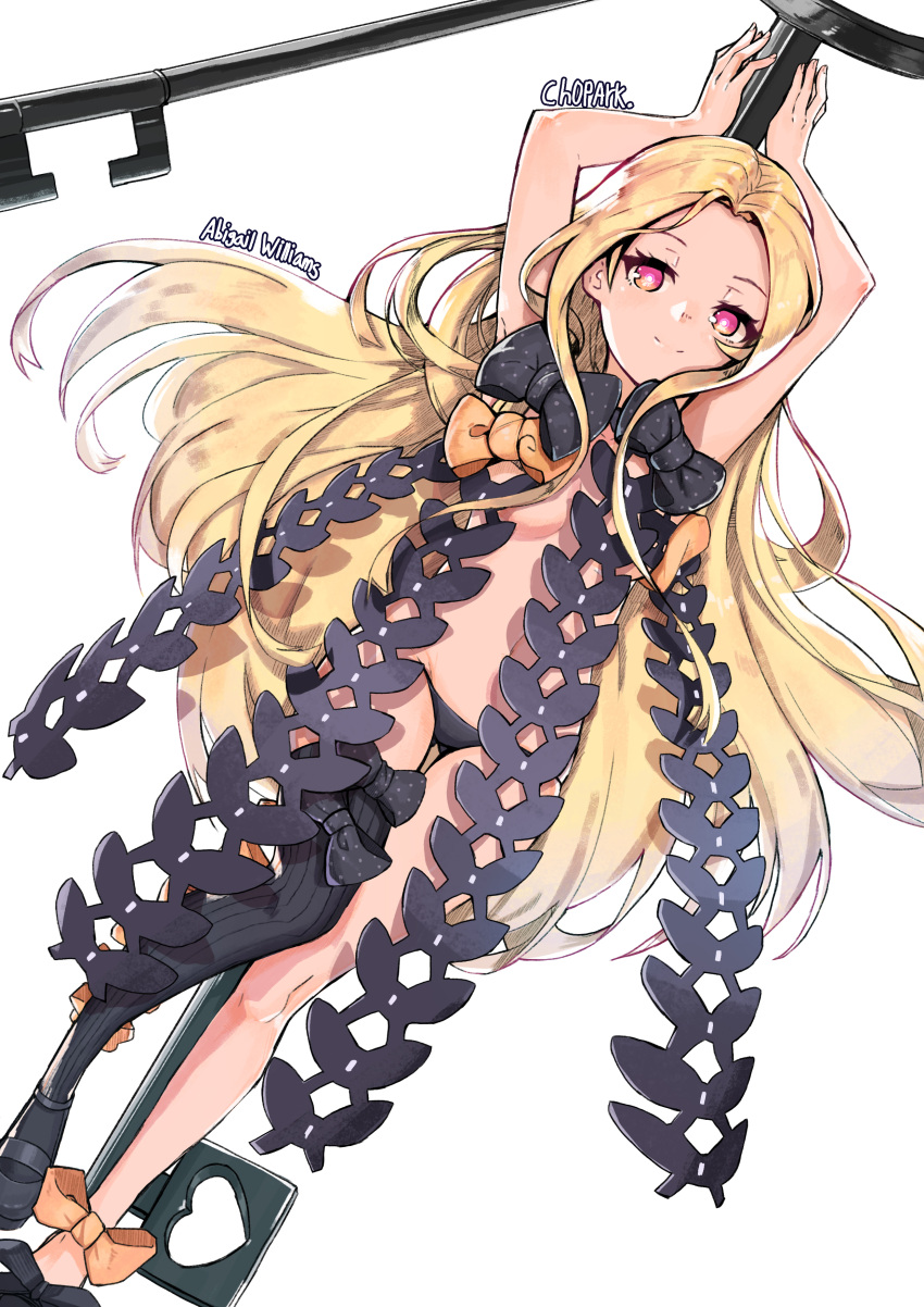 1girl abigail_williams_(fate/grand_order) absurdres arms_up artist_name black_bow black_headwear black_legwear black_panties blonde_hair blush bow bow_legwear character_name chopark fate/grand_order fate_(series) hat hat_bow highres key long_hair looking_at_viewer navel orange_bow oversized_object panties polka_dot polka_dot_bow red_eyes ribbed_legwear simple_background single_thighhigh solo thigh-highs underwear very_long_hair white_background witch_hat