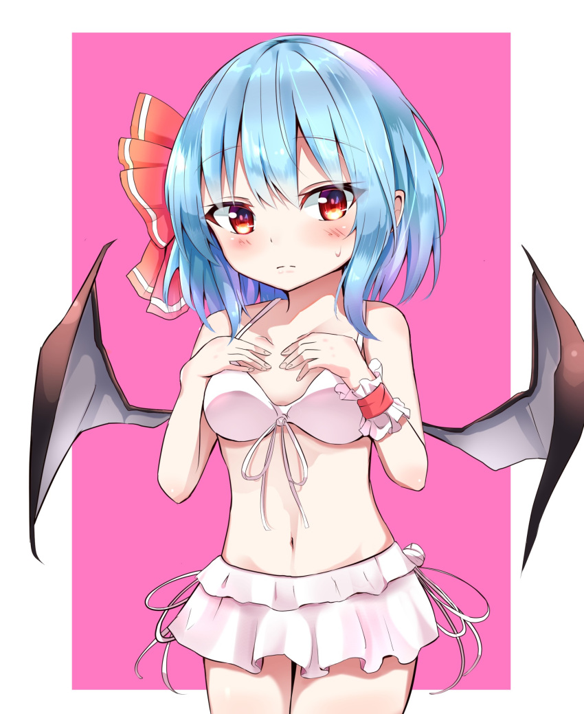 1girl bat_wings bikini bikini_skirt blue_hair blush breasts commentary_request cowboy_shot embarrassed eyebrows_visible_through_hair front-tie_top frown hair_between_eyes hair_ribbon hands_on_own_chest highres iyo_(ya_na_kanji) looking_at_viewer navel no_hat no_headwear pink_background red_eyes remilia_scarlet ribbon short_hair side-tie_bikini simple_background small_breasts solo sweatdrop swimsuit touhou white_bikini wings