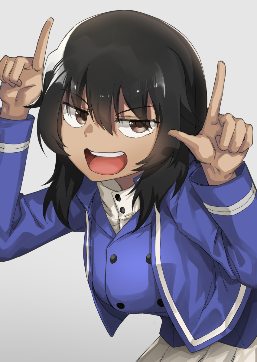 1girl andou_(girls_und_panzer) bangs bc_freedom_military_uniform black_hair blue_jacket blue_vest brown_eyes commentary dark_skin dress_shirt eyebrows_visible_through_hair finger_horns girls_und_panzer grey_background half-closed_eyes hamita1220 high_collar highres jacket leaning_forward long_sleeves looking_at_viewer medium_hair messy_hair military military_uniform open_mouth pleated_skirt pointing pointing_up shirt skirt smirk solo standing uniform upper_body vest white_shirt white_skirt