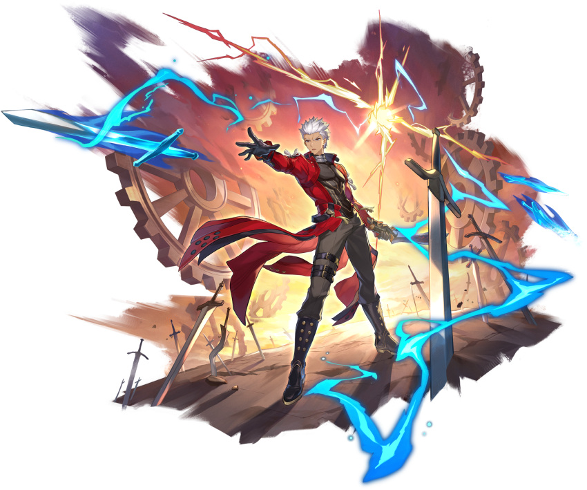 1boy archer_(fate) archer_(honkai:_star_rail)_(fate) belt black_belt black_boots black_gloves black_shirt boots coat crossover dark_skin fate/stay_night fate/unlimited_blade_works fate_(series) full_body game_cg gears gloves grey_hair grey_pants highres holding holding_sword holding_weapon honkai:_star_rail honkai_(series) male_focus non-web_source official_art open_clothes open_coat pants red_coat shirt solo standing sword thigh_belt thigh_strap transparent_background unlimited_blade_works_(reality_marble) weapon