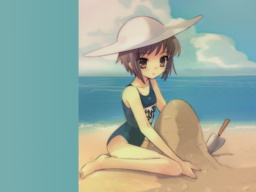 cloud clouds hat highres nagato_yuki ocean one-piece_swimsuit purple_hair sand_castle school_swimsuit short_hair shovel silver_hair sky suzumiya_haruhi_no_yuuutsu swimsuit wallpaper worktool