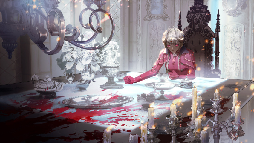 1girl angry blood blood_splatter bowl breasts candle candlestand capelet chair chandelier clenched_hands double_bun dress edelgard_von_hresvelg fire_emblem fire_emblem:_three_houses flower gloves glowing glowing_eyes highres horns indoors long_hair long_sleeves looking_at_viewer minty0 mirror picture_(object) picture_frame plate red_capelet red_dress red_eyes sidelocks silver_hair sitting solo table tablecloth teapot vase window