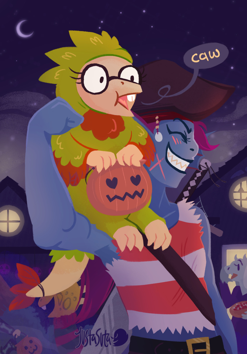 2016 2d 2others 3girls alphys alternate_costume ambiguous_gender animal_ears anthro artist_name belt black_belt blue_skin brown_hair cosplay crescent_moon digital_media dinosaur dinosaur_girl droopy_ears ear_fins fangs female female_focus fins fish fish_girl floppy_ears frisk_(undertale) furry furry_female glasses goat goat_ears goat_girl goat_horns grin halloween halloween_bucket halloween_costume hat head_fins high_ponytail highres horizontal-striped_clothes horizontal-striped_tank_top horns human justasuta lizard lizard_girl lizard_tail long_hair mammal monster monster_girl monster_kid_(undertale) moon multiple_girls multiple_others night night_sky open_mouth outdoors ponytail red_hair red_stripes reptile reptile_girl reptile_tail scalie sharp_teeth short_hair signature skeleton_costume sky smile striped_clothes striped_tank_top sword tank_top toriel undertale undyne weapon white_fur white_horns yellow_skin