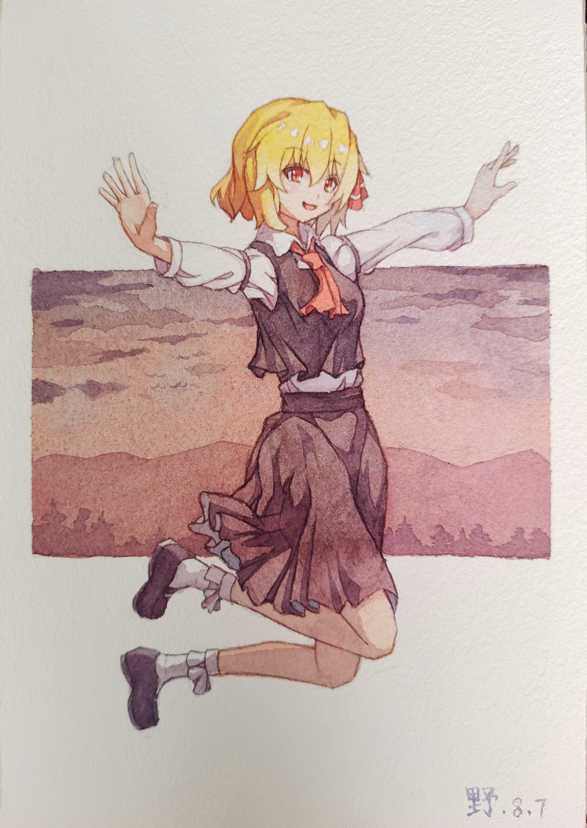 1546677594 1girl :d absurdres ascot black_footwear black_skirt black_vest blonde_hair bobby_socks collared_shirt dated eyebrows_visible_through_hair hair_between_eyes highres long_sleeves looking_at_viewer open_mouth outdoors painting_(medium) red_ascot red_eyes rumia shirt short_hair skirt skirt_set sleeve_garter smile socks solo t-pose touhou traditional_media vest watercolor_(medium) white_legwear white_shirt