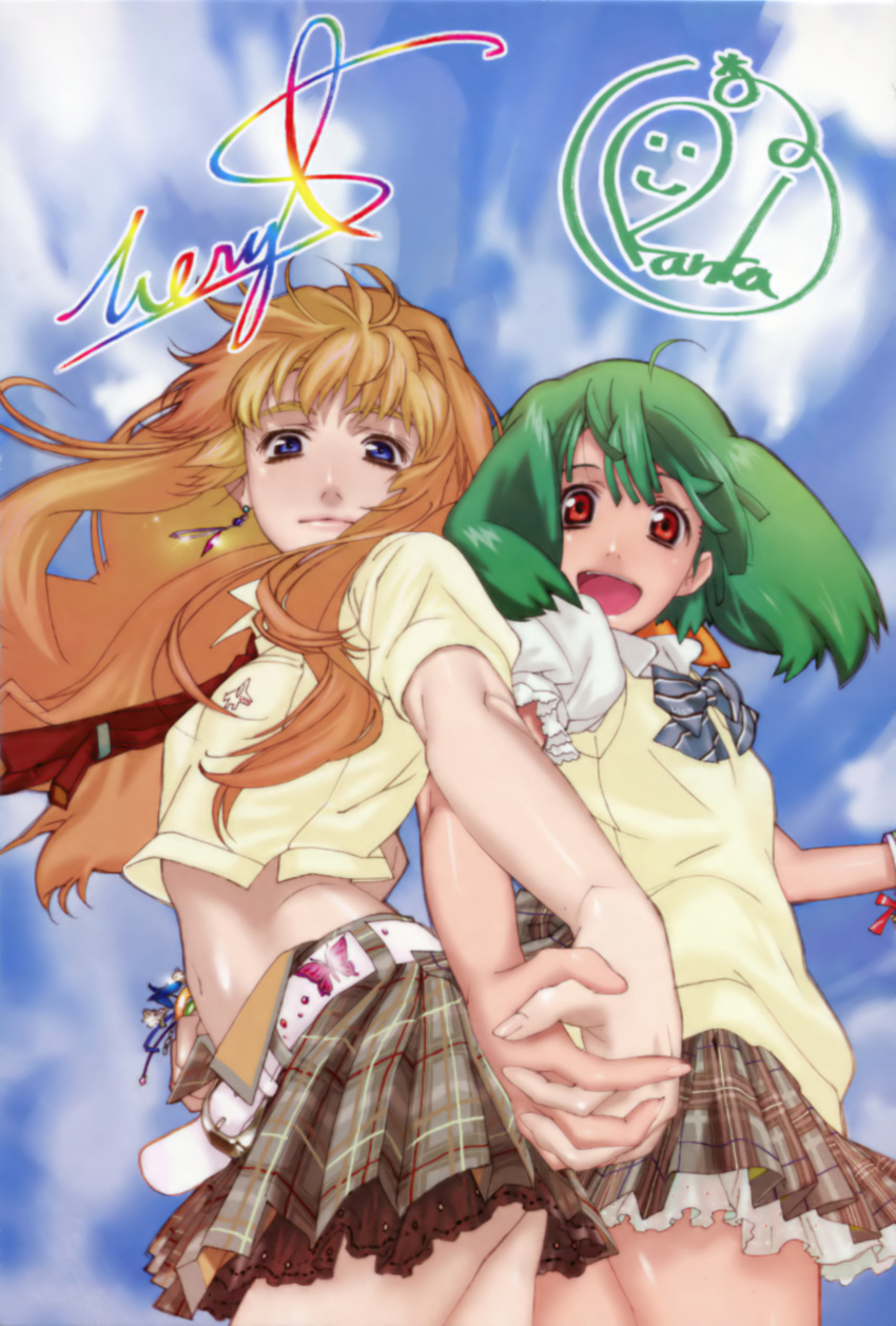 :d absurdres belt blonde_hair blue_eyes cloud clouds earrings from_below green_hair hand_holding highres holding_hands jewelry lion_(macross_frontier) long_hair looking_down macross macross_frontier midriff multiple_girls navel necktie open_mouth plaid plaid_skirt ranka_lee red_eyes reference_work ribbon scan school_uniform sheryl_nome signature skirt smile sweater_vest tartan wind