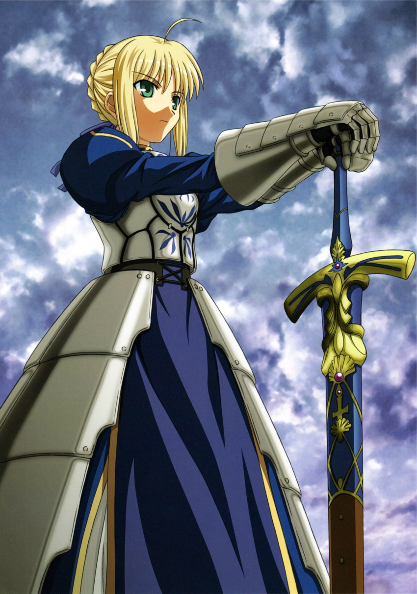 ahoge armor blonde_hair fate/stay_night fate_(series) green_eyes hands_on_hilt highres saber scan sword weapon
