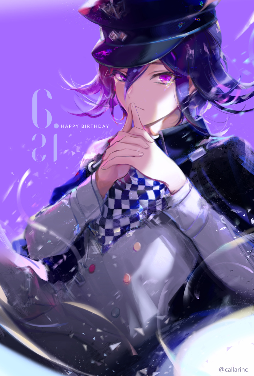 1boy artist_name black_footwear black_hair black_headwear blue_flower callarinc cape checkered checkered_scarf commentary dangan_ronpa dated english_commentary eyebrows_visible_through_hair flower happy_birthday hat highres jacket long_sleeves looking_at_viewer male_focus new_dangan_ronpa_v3 ouma_kokichi purple_hair scarf short_hair solo straitjacket upper_body violet_eyes z-epto_(chat-noir86)