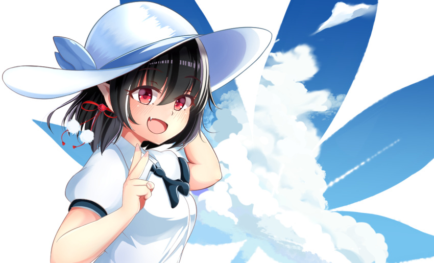 1girl bangs black_hair blue_sky blush breasts clouds cloudy_sky commentary_request day eyebrows_visible_through_hair from_side hair_between_eyes hand_on_headwear hat looking_at_viewer looking_to_the_side moneko1107 open_mouth pom_pom_(clothes) raised_eyebrows red_eyes shameimaru_aya short_hair short_sleeves sky solo touhou upper_body wing_collar