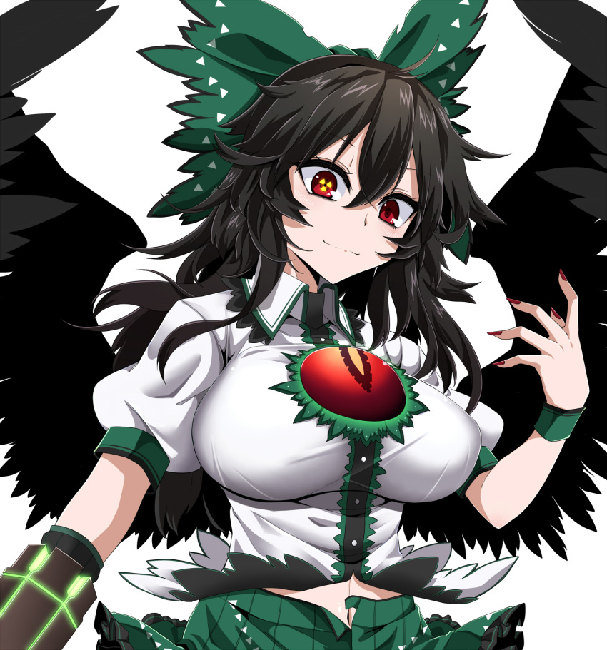 1girl arm_cannon bangs black_hair black_wings bow breasts commentary_request eyebrows_visible_through_hair feathered_wings green_bow green_skirt hair_between_eyes hair_bow hand_up head_tilt highres large_breasts long_hair looking_at_viewer miniskirt nail_polish navel puffy_short_sleeves puffy_sleeves radiation_symbol red_eyes red_nails reiuji_utsuho rihito_(usazukin) shirt short_sleeves simple_background skirt smile solo symbol-shaped_pupils touhou upper_body weapon white_background white_shirt wing_collar wings
