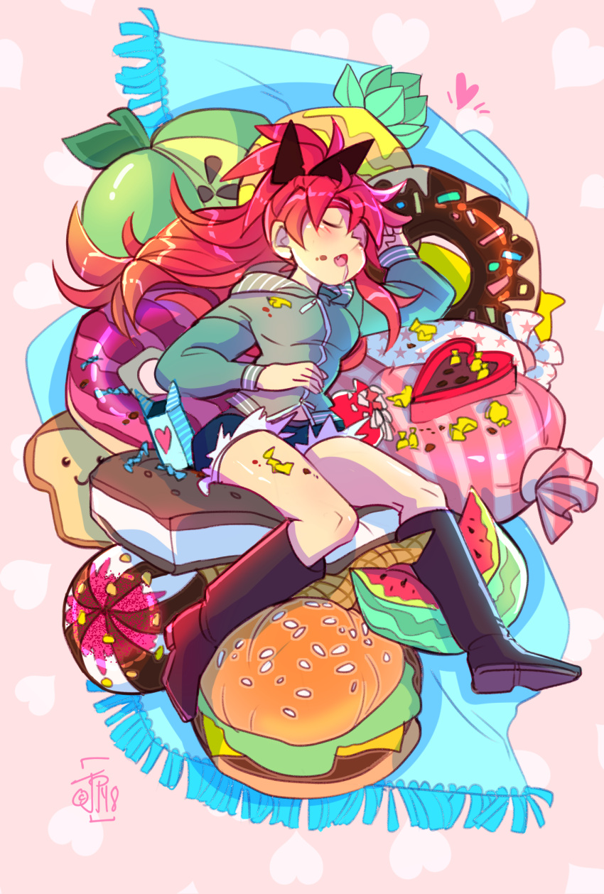 1girl black_footwear black_ribbon blanket blush boots bread candy casual closed_eyes doughnut fang food food_on_body food_on_face food_on_legs fruit hair_between_eyes hair_ribbon heart highres long_hair long_sleeves mahou_shoujo_madoka_magica oversized_food pineapple ponytail redhead ribbon sakura_kyouko saliva shorts sleeping solo sparklenaut valentine watermelon