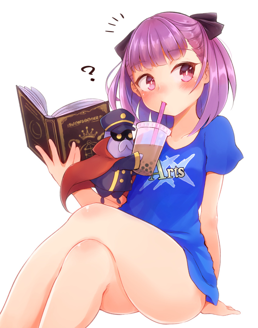 1girl ? arts_shirt book bottomless breasts bubble_tea_challenge colonel_olcott_(fate/grand_order) commentary crossed_legs cup disposable_cup drinking_straw drinking_straw_in_mouth eyebrows_visible_through_hair fate/grand_order fate_(series) hair_ribbon harupippo helena_blavatsky_(fate/grand_order) highres holding holding_book holding_cup legs legs_crossed legs_together no_panties purple_hair ribbon shirt short_hair short_sleeves sidelocks simple_background sitting t-shirt thighs violet_eyes white_background