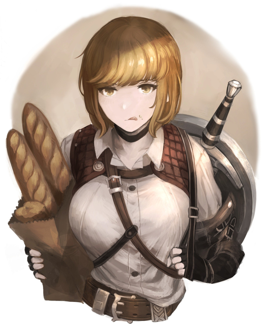 1girl absurdres armor belt blonde_hair borrowed_character bread breasts brown_eyes face_licking fingerless_gloves food gauntlets gloves highres ito_(silva) large_breasts leather_belt licking original shirt shortsword_(seojh1029) solo sword tagme weapon white_shirt