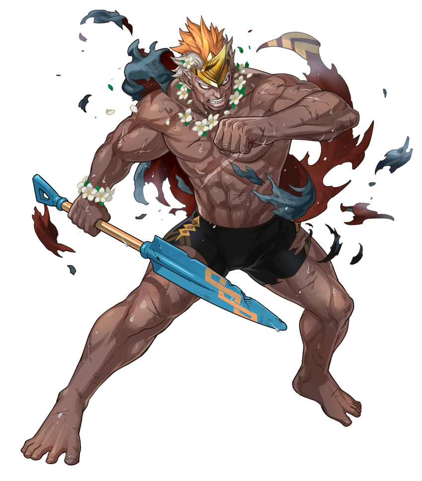 1boy alternate_costume barefoot dark_skin fire_emblem fire_emblem_heroes flower full_body helbindi_(fire_emblem_heroes) highres horn_ornament jewelry leaf male_focus multicolored_hair necklace official_art orange_hair red_eyes scar shovel solo swimsuit teeth torn_clothes transparent_background two-tone_hair white_hair