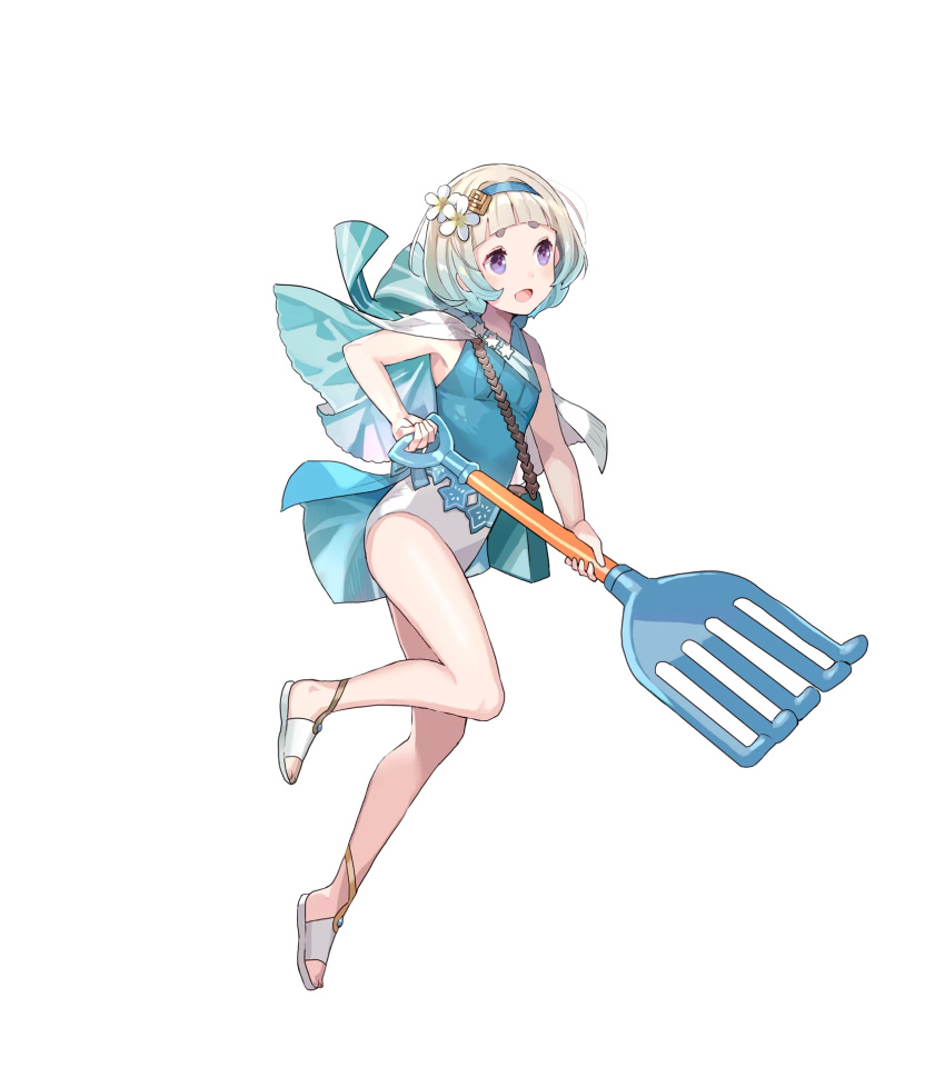 1girl bag bangs bare_arms bare_shoulders cape fire fire_emblem fire_emblem_heroes flat_chest flower full_body gradient gradient_hair hair_flower hair_ornament hairband highres holding leg_up light_blue_hair looking_away multicolored_hair official_art one-piece_swimsuit open_mouth rake sandals shiny shiny_hair short_hair silver_hair smile solo swimsuit thighs tobi_(kotetsu) transparent_background violet_eyes ylgr_(fire_emblem_heroes)