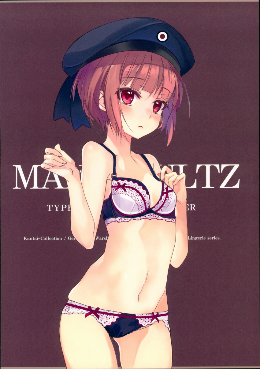 1girl absurdres bangs bare_arms bare_shoulders beret blush bra breasts clouds eyebrows_visible_through_hair hand_on_own_chest hands_up hat highres huge_filesize kantai_collection lingerie looking_at_viewer navel panties purple_background purple_hair ribbon_trim scan shiny shiny_hair shiny_skin shirokitsune short_hair simple_background small_breasts solo underwear underwear_only violet_eyes z3_max_schultz_(kantai_collection)